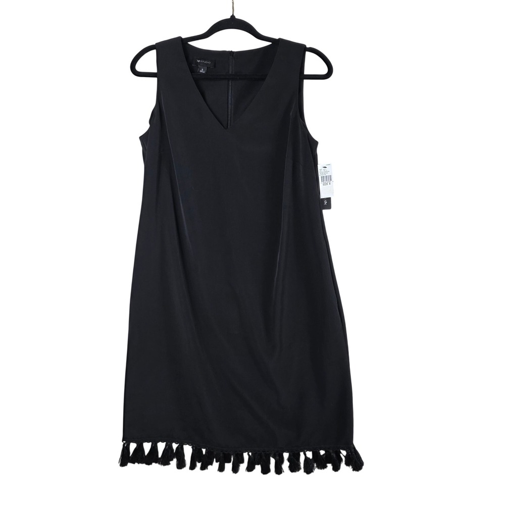 AB Studio Shift Dress Black Tassel Fringe V-Neck Sleeveless Size 8 NWT LBD Party